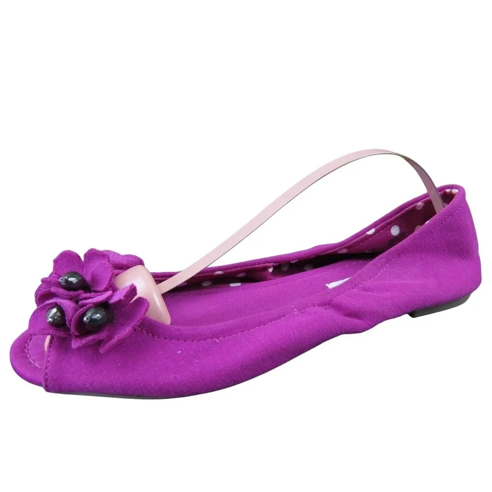 American‎ Eagle Women's 8 Magenta Textile Peep-Toe Ballet Flats Floral Beaded